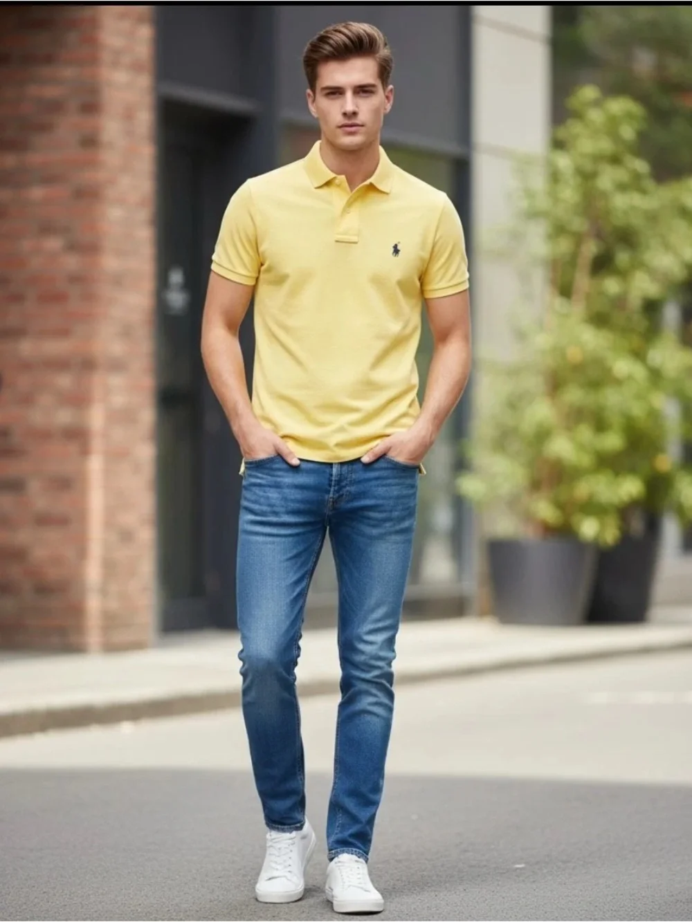 Sz med Ralph Lauren Yellow Polo Shirt with Navy Logo Tag